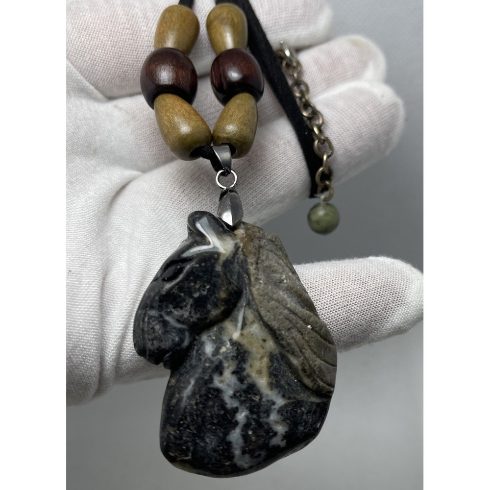 Horse Head Carved Agate Pendant w/Beads on Suede Cord Necklace